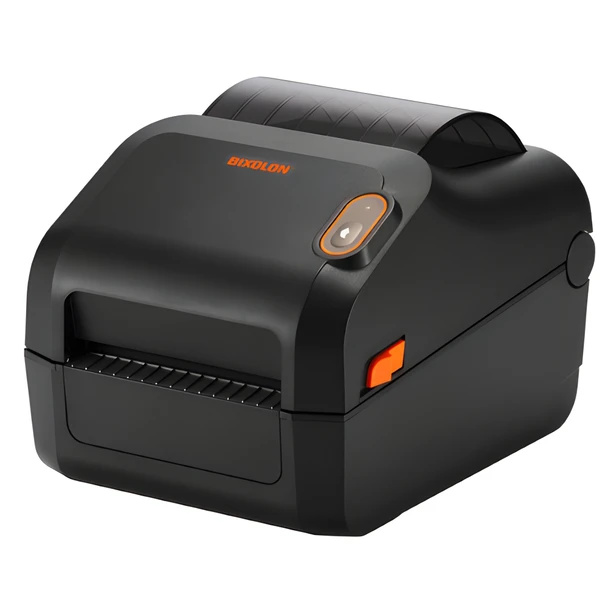 Three-quarter angle view of the black Bixolon XD3-40DK direct thermal desktop label printer, featuring an orange Bixolon logo on top, a status button, and an orange release latch on the side.