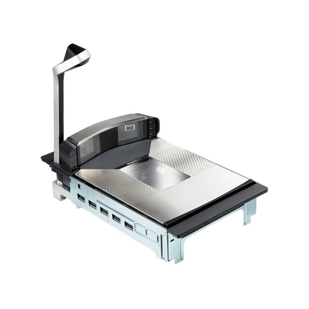 Front three-quarter view of the Datalogic Magellan 9800i bi-optic scanner scale featuring an extended long platter, dual windows, and an integrated top-down reader arm.