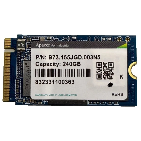 Apacer B73 240GB M.2 2240 NVMe SSD showing the top label with part number B73.155JGD.003N5, capacity, barcode, QR code, and blue circuit board.