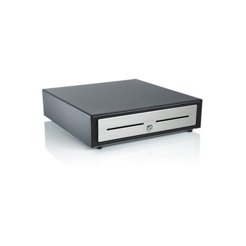 NCR RealPOS 18-inch cash drawer featuring a black housing and a brushed metal front panel with dual media slots and a central key lock against a white background.