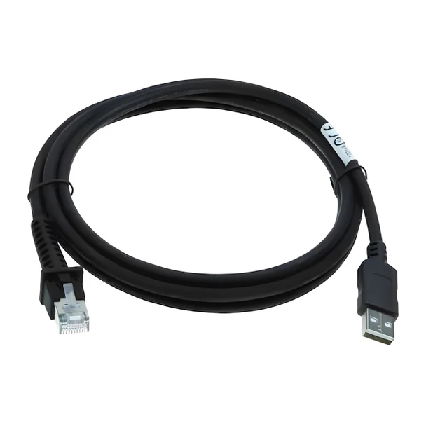 A black Datalogic 90A052258 barcode scanner interface cable coiled in a neat circle against a plain white background. On the left end is an RJ-45 (10-pin) connector with a clear plastic clip, and on the right end is a standard male USB Type-A connector. A small white manufacturer label with black markings is wrapped near the USB end.