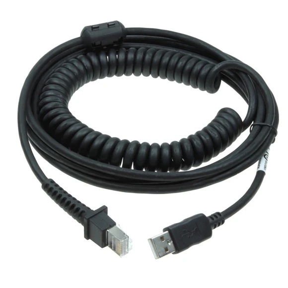 Datalogic 90A052289 black coiled USB-to-scanner interface cable coiled into a neat loop on a white background, showing both the modular scanner connector and the USB Type-A plug.