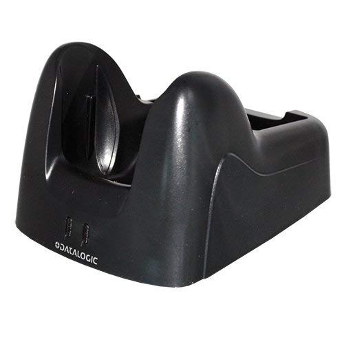 Datalogic Falcon X3 single-slot desktop charging dock in black, viewed from an angled front perspective on a white background, featuring the mobile computer cradle slot alongside an integrated spare battery charging bay and the Datalogic logo on the front base.