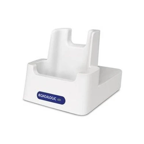 Datalogic Joya Touch 22 single-slot charging cradle in white, shown from an angled front perspective on a white background, featuring a contoured mobile computer dock slot and a blue Datalogic logo badge on the front base.