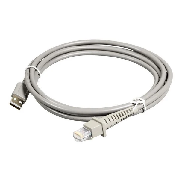 A genuine Datalogic 90A052065 straight interface cable neatly looped and secured with white twist ties on a solid white background. The light grey cable features a standard USB Type-A connector on one end and an RJ45 modular plug on the other. The RJ45 connector is equipped with a thick, ridged plastic strain-relief boot for added durability.