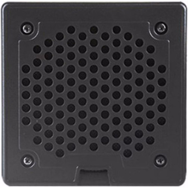 Front-facing view of the square, black Panasonic WX-CS560 speaker and microphone unit, showcasing the central circular grille pattern and the four corner mounting screws.