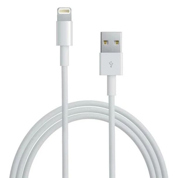 Studio product shot of the white Apple 2m Lightning to USB cable, displaying the reversible Lightning connector on the left and the USB Type-A connector with a USB icon on the right, resting above coiled cable loops against a plain white background.