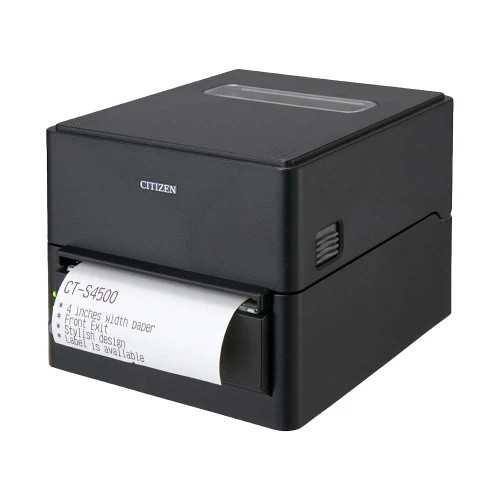Angled front-side view of black Citizen CT-S4500 thermal printer dispensing a printed 4-inch sample receipt