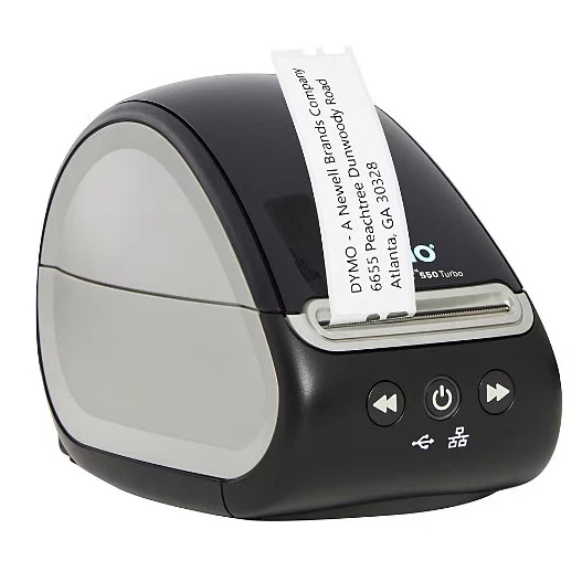 Front three-quarter view of the black and silver DYMO LabelWriter 550 Turbo direct thermal label printer (2112553) with a printed address label feeding out against a white background