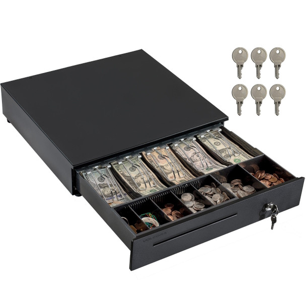 Angled front view of the open Volcora 16-inch cash drawer filled with US bills and coins, showing the 5-bill clips, coin compartments, and six included keys.