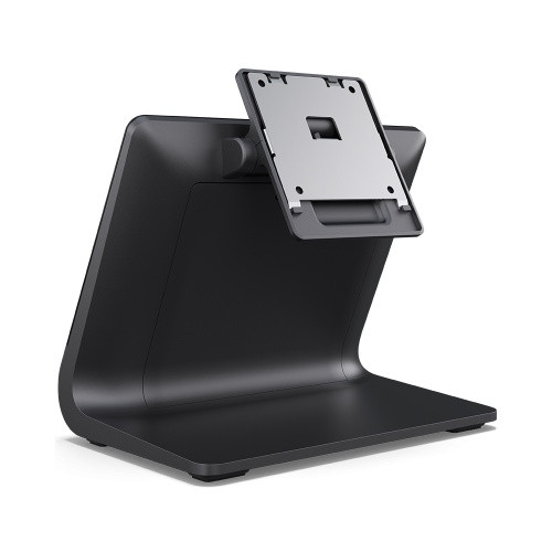 Three-quarter front-side view of black EloPOS Z30 terminal stand showing base plate and angled mounting bracket for I-Series 4 Slate
