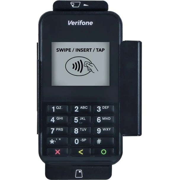 Elo E201088 EMV cradle kit securely holding a Verifone E355 payment terminal, shown from a direct front angle highlighting the display, keypad, and card slots.