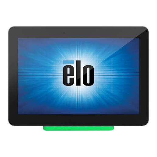 Front view of an Elo I-Series 2.0 interactive display with an illuminated green Elo E466847 status light bar mounted along the bottom edge.