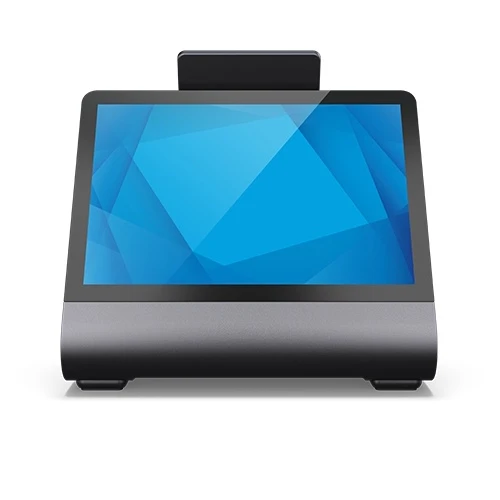 Rear view of the Elo Z30 POS stand displaying the integrated 10.1-inch customer-facing display (CFD) with a blue geometric screen graphic.