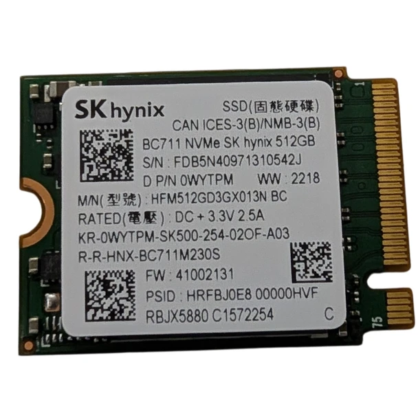 Front view of SK hynix BC711 512GB M.2 2230 NVMe SSD showing model label with part number HFM512GD3GX013N and Dell part number 0WYTPM