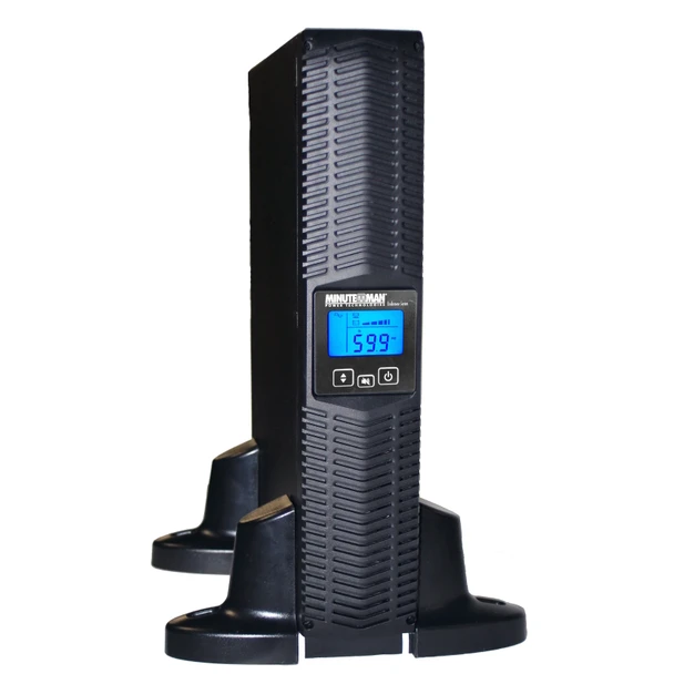 Minuteman Endeavor ED2000RTXL2U 2000VA UPS in vertical tower configuration supported by base stands with blue LCD status screen