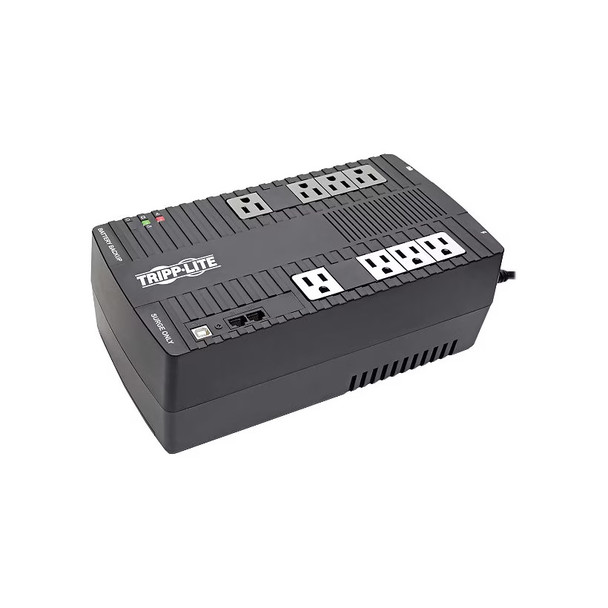 High angle view of a black Tripp Lite AVR550U compact line-interactive UPS battery backup showing eight top-facing NEMA 5-15R outlets, status indicator LEDs, USB port, and RJ11 phone line protection jacks on a white background.