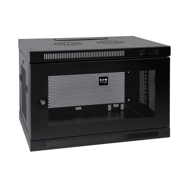 Front perspective view of a black Eaton Tripp Lite SRW9U SmartRack 9U wall-mount server enclosure with a perforated mesh locking front door and vented side panels.