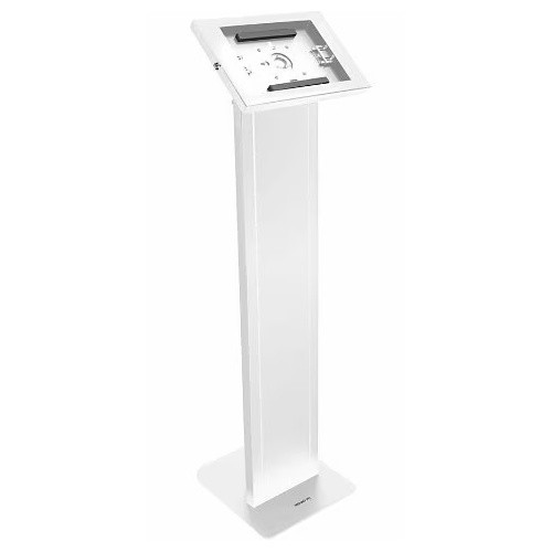 Full front-angle perspective view of the white Mount-It! MI-3880W_G10 floor-standing steel tablet kiosk with angled locking iPad display mount and solid base plate.