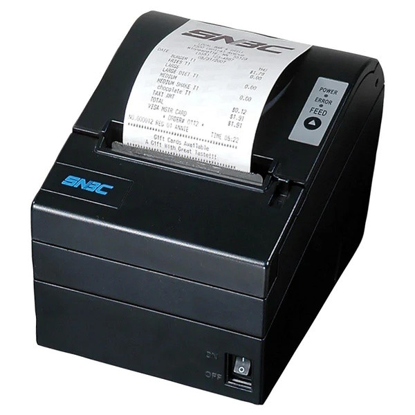 Side-angle view of the black SNBC BTP-R880NPV POS printer actively printing a sample store receipt, highlighting the power switch, LED status panel, and feed button.