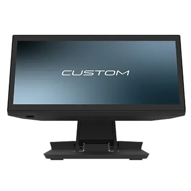 Front view of the black Custom America Ascent 15.6-inch all-in-one touch POS terminal mounted on its desktop stand, showing the widescreen display with the Custom logo.