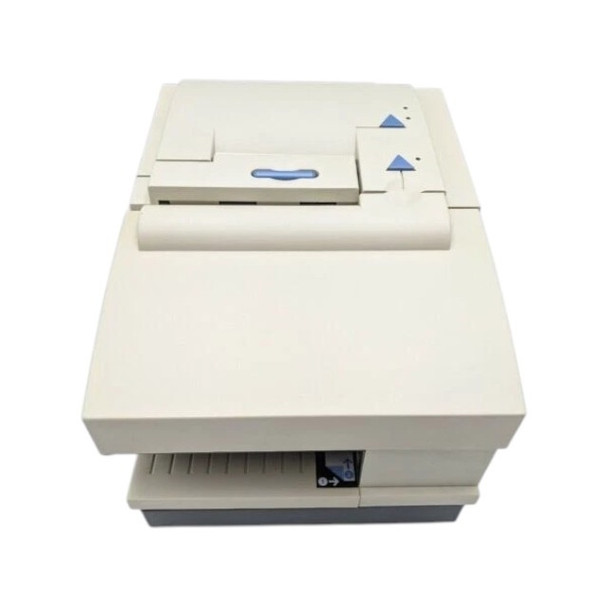 Top front view of the pearl white IBM Toshiba SureMark 4610-2CR dual-station POS receipt printer showing the top thermal paper exit, control buttons, and lower document insertion station.