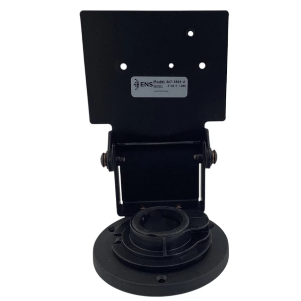 Rear view of the ENS 367-3884 payment terminal stand showing the back of the mounting plate, model label, tilt hinge, and round swivel base.