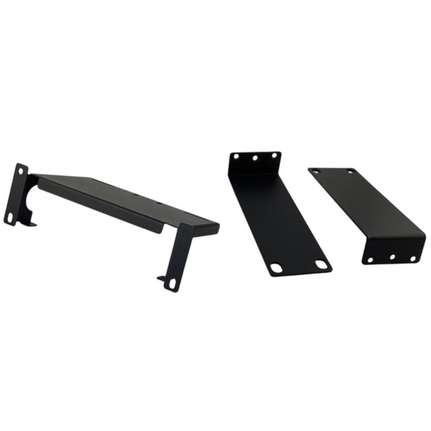 Angled front view of the black metal mounting tray and two 19-inch rack ears for the Citrix 8530227 rack mount kit displayed against a plain white background.