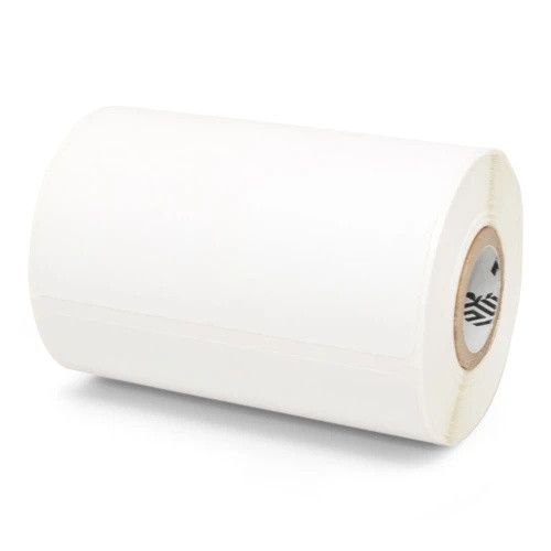 Product photograph of a single roll of white Zebra direct thermal paper labels wound around a core with visible backing.