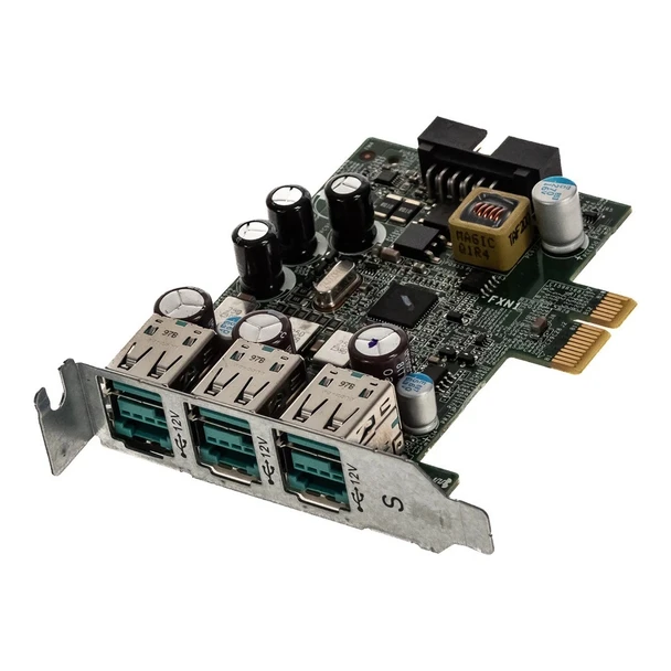 HP RP5810 12V 3-port powered USB expansion card showing the rear mounting bracket with three teal-accented USB ports, capacitors, and the PCIe edge connector