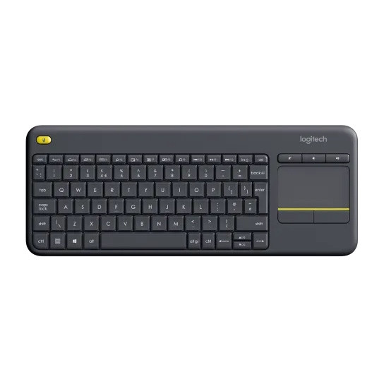 Flat top-down view of the Logitech K400 Plus wireless touch keyboard, showing the complete key layout, function row icons, integrated touchpad, and Logitech branding.