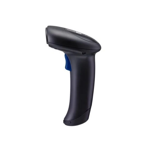 Profile view of the ergonomic black CipherLab corded handheld scanner highlighting its blue trigger and comfortable grip curve.