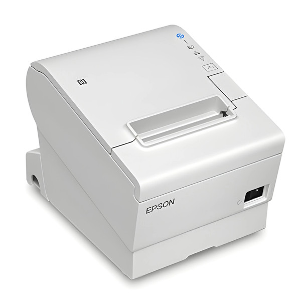Three-quarter angle view of the white Epson OmniLink TM-T88VII thermal printer, highlighting its compact countertop design and paper exit slot.