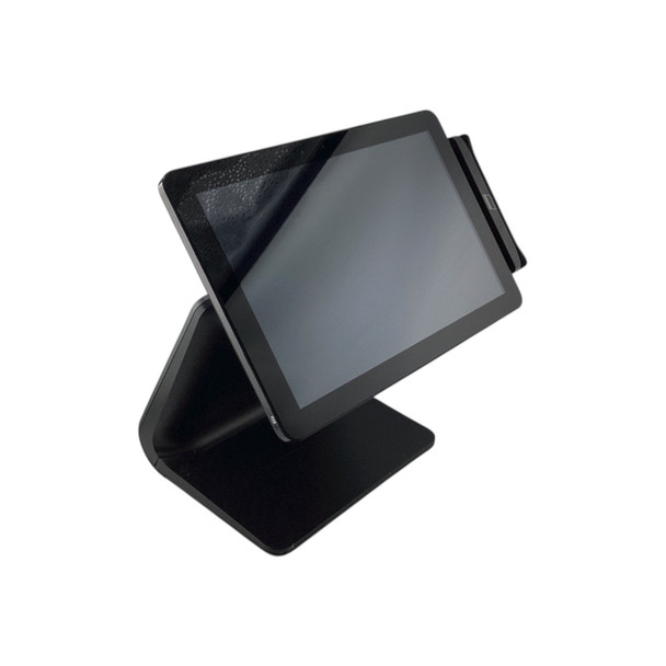 Front-angled view of the Elo I-Series 10.1-inch touchscreen terminal mounted on a black hub stand, showing the touch display and attached magnetic stripe reader on the side.