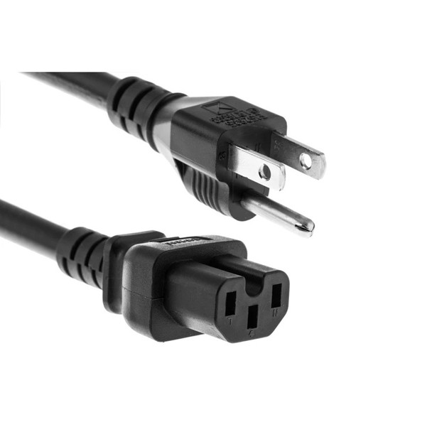 Macro shot displaying the molded strain relief grips and pin details on both ends of the Cisco Meraki power cord.