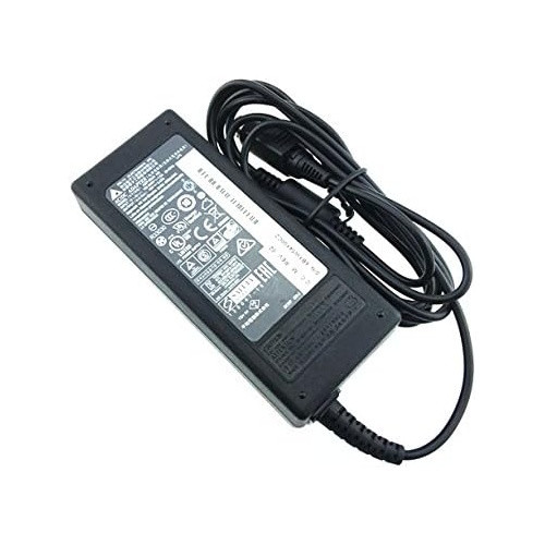 Top-down angled view of the Delta power supply brick with the specification label and connected output cable.
