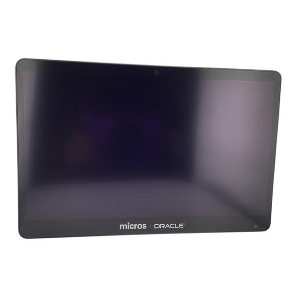 Front view of the Oracle MICROS Workstation 6 Series 2 POS terminal showing the 15.6-inch touchscreen display, integrated camera at the top bezel, and "micros | ORACLE" branding along the bottom.