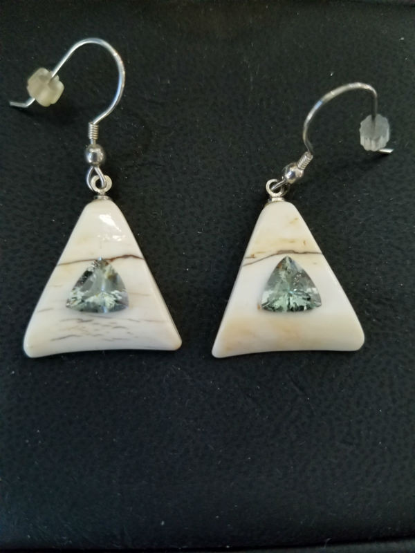 Alaskan Native crafted ivory with Trillion shaped natural Tanzanite as center stone of earring set