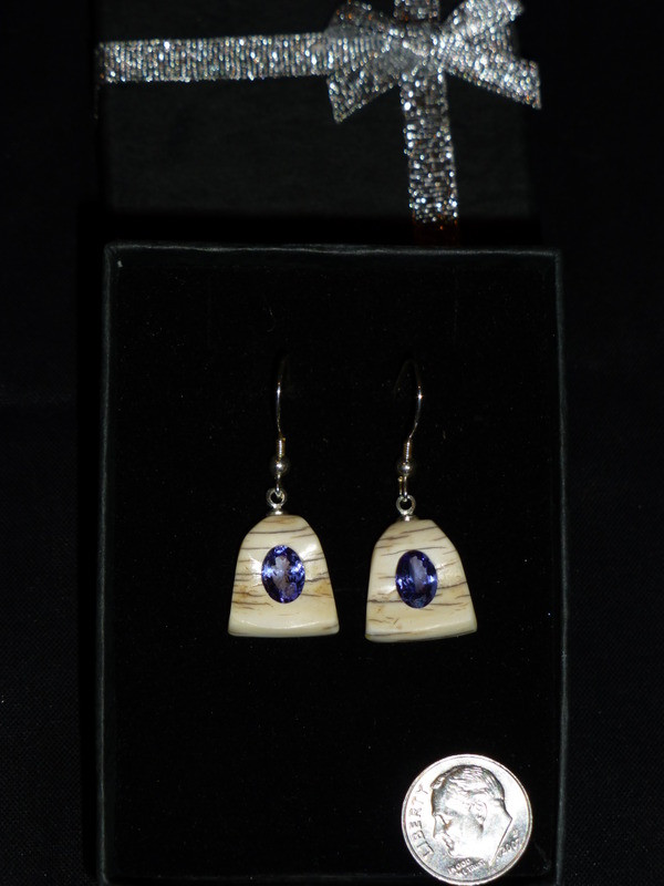 Alaskan Native crafted ivory with oval natural Tanzanite as center stone of earring set