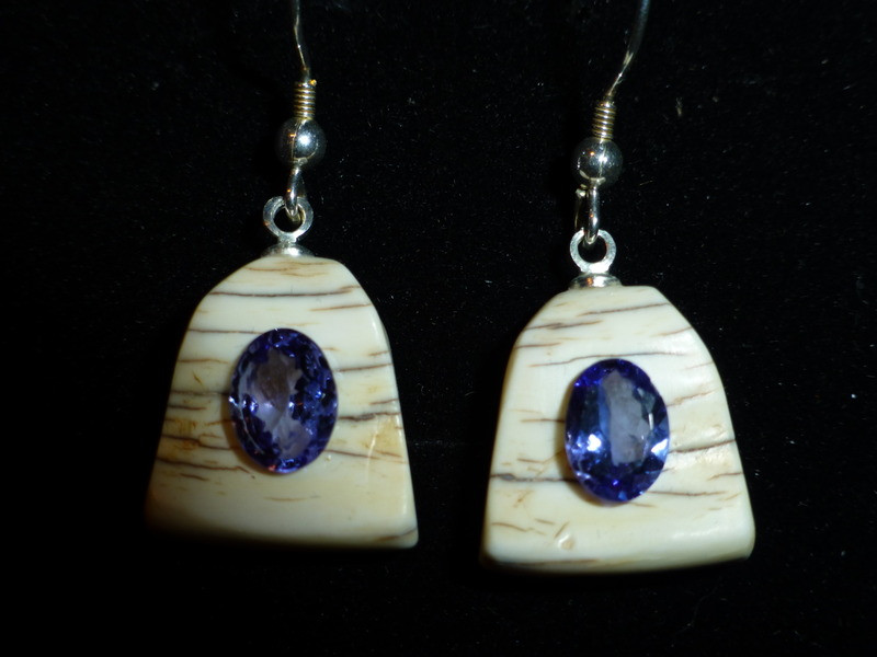 Alaskan Native crafted ivory with oval natural Tanzanite as center stone of earring set