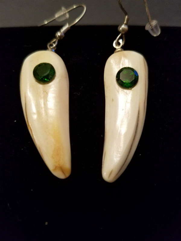 Gorgeous Alaskan Native crafted ivory with sparkling round-cut natural green Chrome Diopside gems to make a stunning earring set