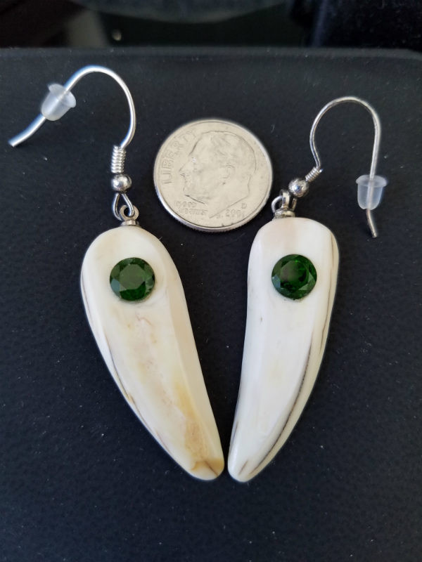 Gorgeous Alaskan Native crafted ivory with sparkling round-cut natural green Chrome Diopside gems to make a stunning earring set