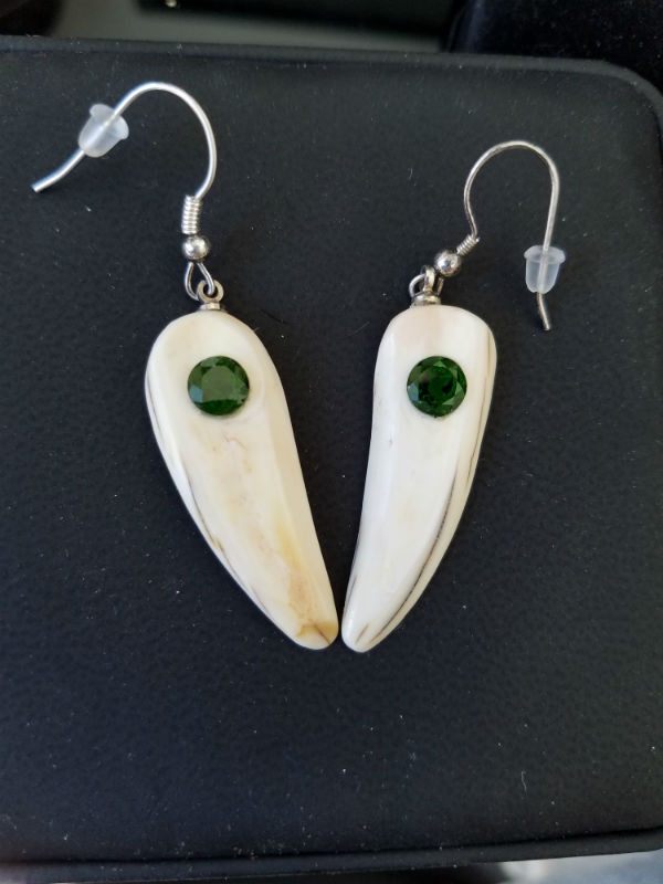 Gorgeous Alaskan Native crafted ivory with sparkling round-cut natural green Chrome Diopside gems to make a stunning earring set