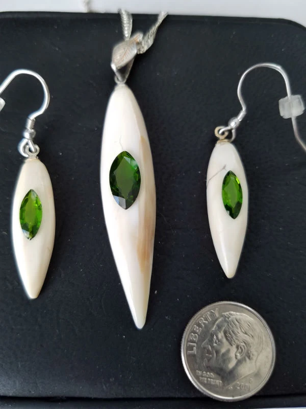 Alaskan Native crafted ivory and natural green chrome diopside earring & pendant matching set