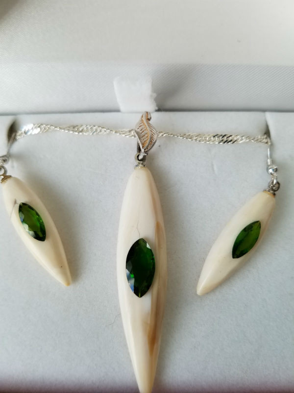 Alaskan Native crafted ivory and natural green chrome diopside earring & pendant matching set