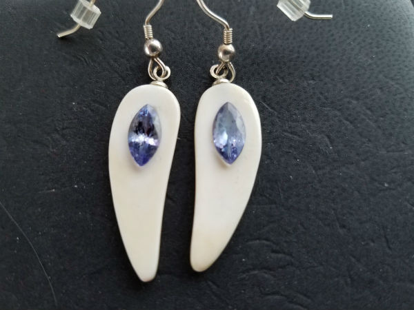 Alaskan Native crafted ivory with sparkling, marquise shaped natural Tanzanite as stunning center stones of this unique earring set