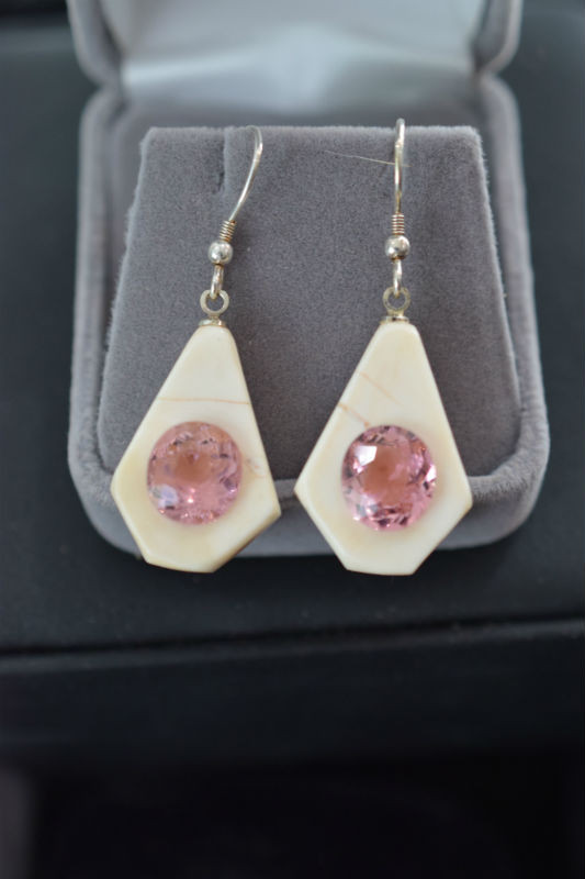Alaskan Native crafted ivory with large oval natural tourmaline as the stunning center stones of earring set