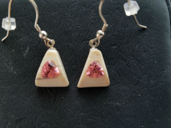 Alaskan Native crafted ivory with bubblegum pink, man-made Yag trillion gems as the stunning center stones of this beautiful earring set