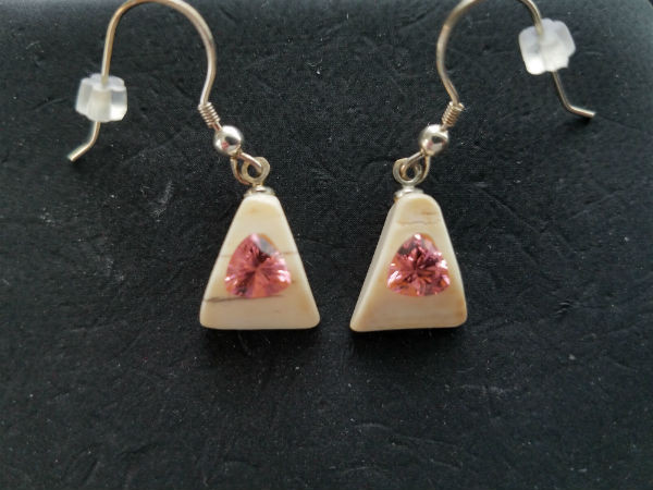Alaskan Native crafted ivory with bubblegum pink, man-made Yag trillion gems as the stunning center stones of this beautiful earring set