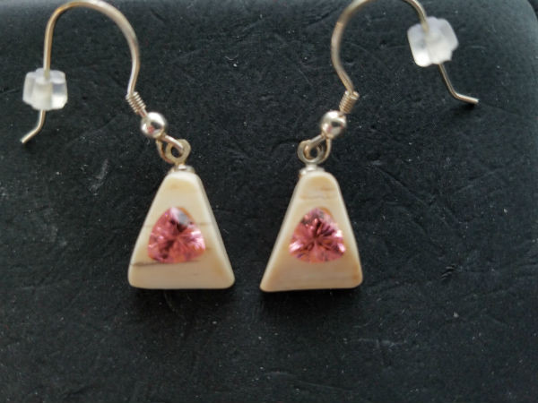 Alaskan Native crafted ivory with bubblegum pink, man-made Yag trillion gems as the stunning center stones of this beautiful earring set